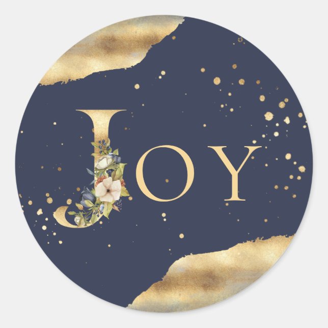 Elegant Christmas Joy Floral Gold Glitter Blue Classic Round Sticker (Front)