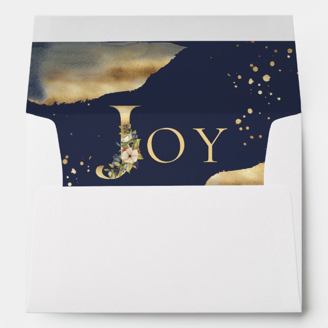 Elegant Christmas Joy Floral Gold Glitter Blue Envelope (Back (Bottom))