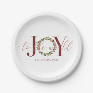 Elegant Christmas Joy to the World Wreath Paper Plate