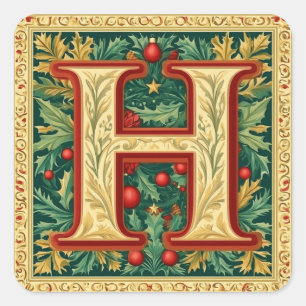 Elegant Christmas Letter H: Red, Green, Gold Square Sticker