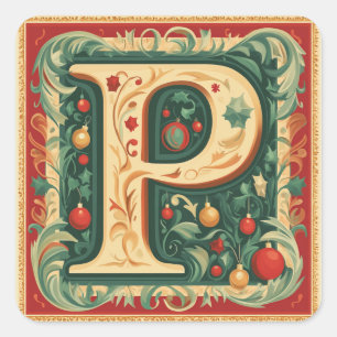 Elegant Christmas Letter P: Red and Gold Square Sticker