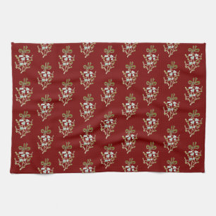 Elegant Christmas Mistletoe Pattern on Red   Kitchen Towel