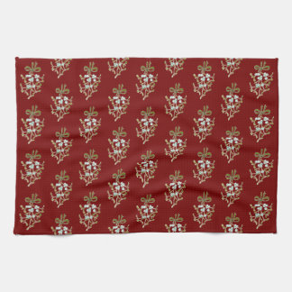 Elegant Christmas Mistletoe Pattern on Red Kitchen Towel