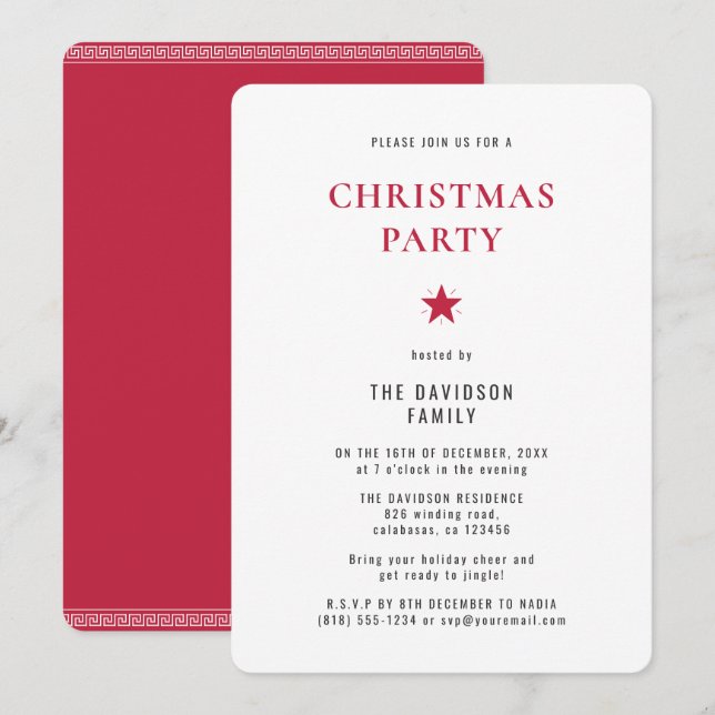 Elegant Christmas Modern Minimalist Chic Red Party Invitation (Front/Back)