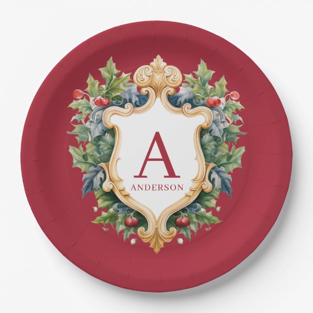 Elegant Christmas Monogram Letter  Paper Plate (Front)