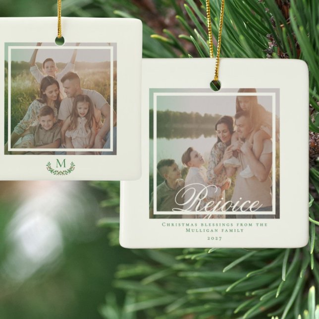Elegant Christmas monogram photo Holiday  Ceramic Ornament (Creator Uploaded)
