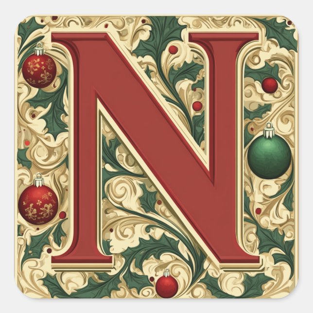 Elegant Christmas N: Red, Green, Gold and Greenery Square Sticker (Front)