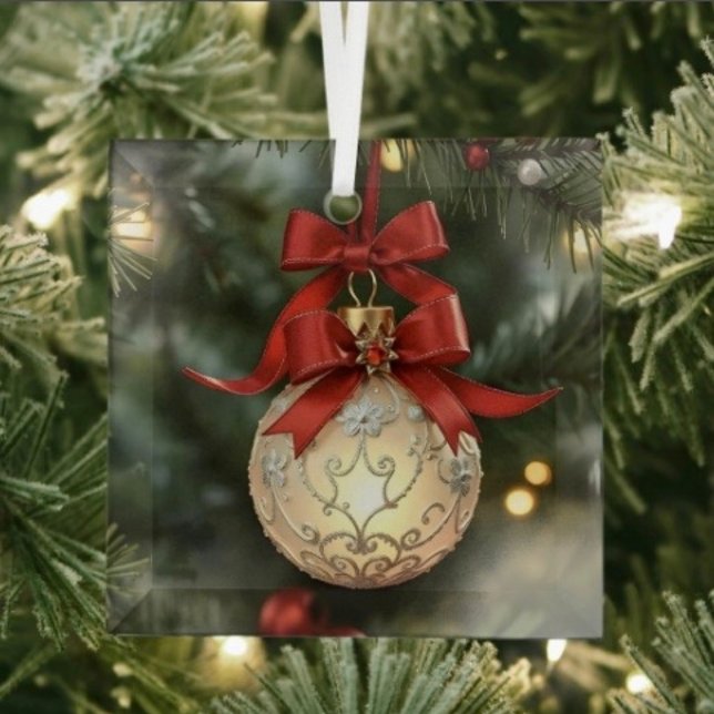 Elegant Christmas Ornament Collection with Red Bow (Glass Square Ornament frosted back one-sided printable size: 3”.)