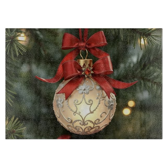Elegant Christmas Ornament Collection with Red Bow Cutting Board (Front)