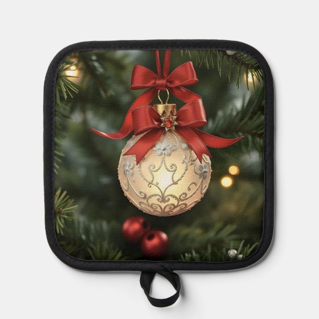 Elegant Christmas Ornament Collection with Red Bow Pot Holder (Front)