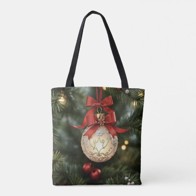 Elegant Christmas Ornament Collection with Red Bow Tote Bag (Back)