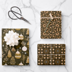 Elegant Christmas Ornament & Mandala Pattern Brown Wrapping Paper Sheet
