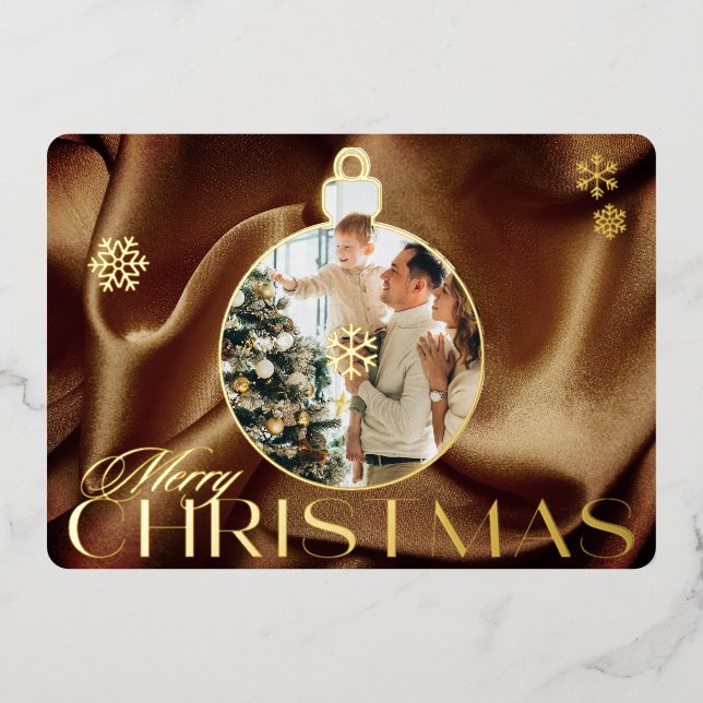 Elegant Christmas Ornament Photo Brown Satin Gold  Foil Holiday Card (Front)