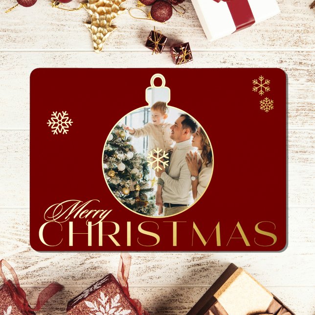 Elegant Christmas Ornament Photo Red and Gold  Foil Holiday Card (Creator Uploaded)