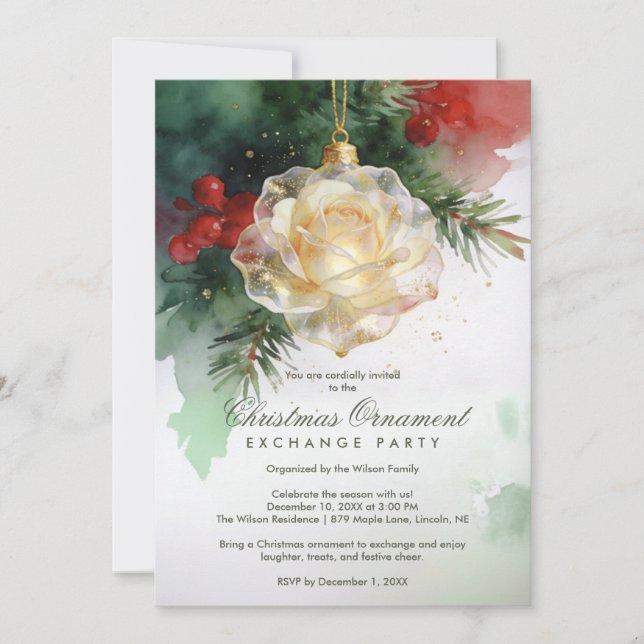 Elegant Christmas Ornament Shaped Like a Rose Invitation (Front)