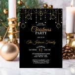 Elegant CHRISTMAS PARTY Black Gold Glitter Stars Invitation<br><div class="desc">Personalized Modern yet elegant Christmas Party invitations in faux gold and black colours. Background with hanging twinkling stars / lights with baubles ornaments. Faux gold glitter shimmer background in back. Editable template - simply add your text. All text can be changed font, colour and size. Perfect for home party, house...</div>