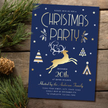 Elegant Christmas Party Blue Gold Foil Invitation