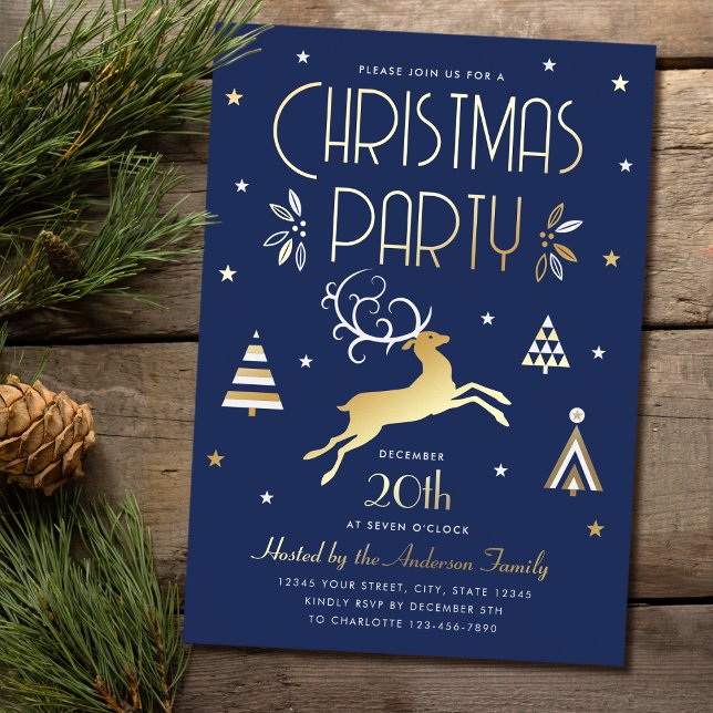 Elegant Christmas Party Blue Gold Foil Invitation (Creator Uploaded)