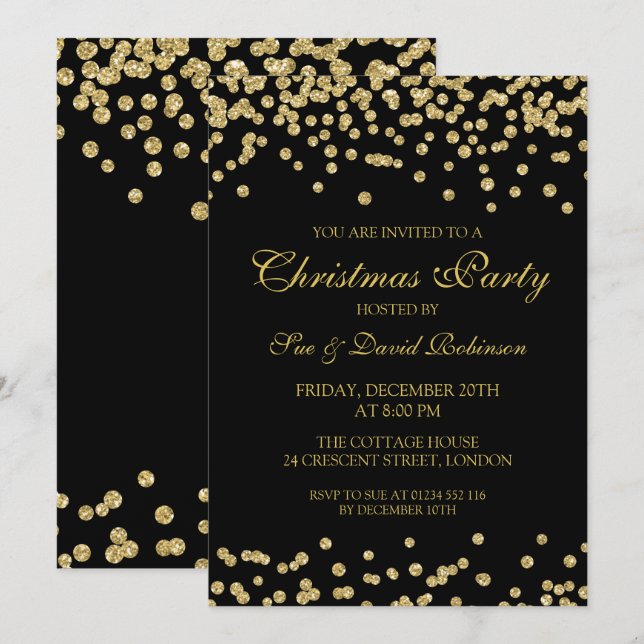 Elegant Christmas Party Gold Glitter Confetti Blac Invitation (Front/Back)