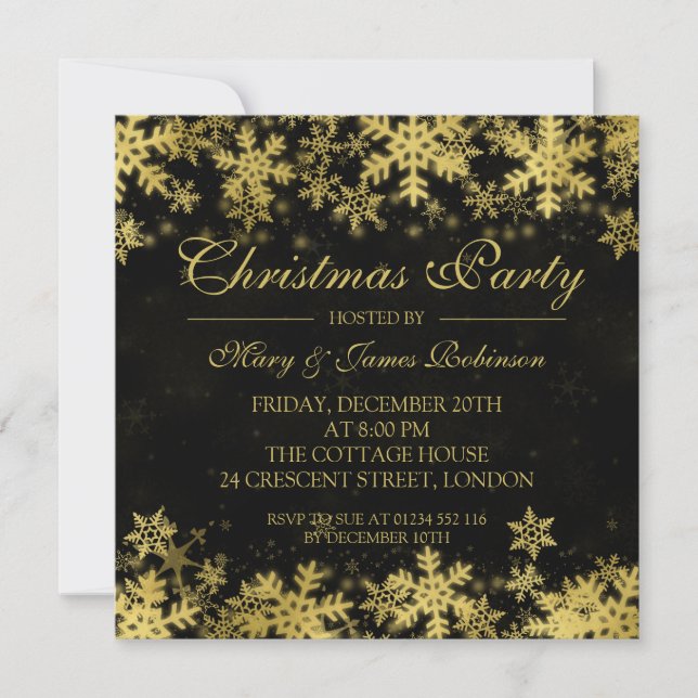 Elegant Christmas Party Gold Winter Snowflakes Invitation (Front)