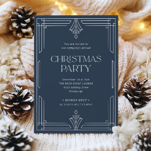 Elegant Christmas Party Navy Blue Art Deco Invitation