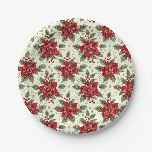 Elegant Christmas Party Poinsettia Paper Plates (Front)