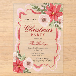 Elegant Christmas Party Poinsettia Rose Frame Acrylic Invitations
