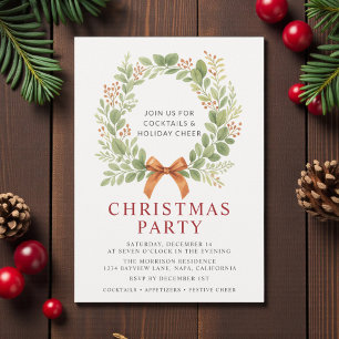 Elegant Christmas Party Red Bow Wreath Invitation
