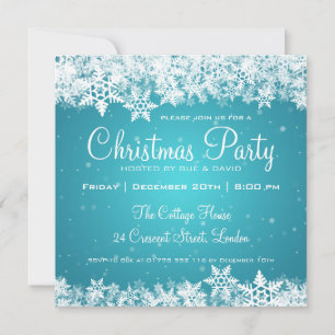 Elegant Christmas Party Snowflakes 2 Turquoise Invitation