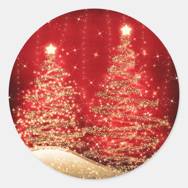 Elegant Christmas Party Sparkling Trees Red  Classic Round Sticker (Front)