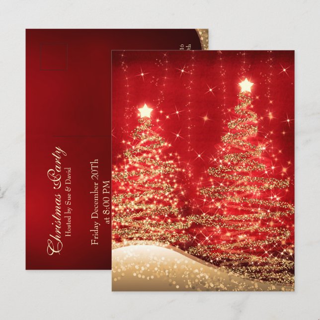 Elegant Christmas Party Sparkling Trees Red Invita Postcard (Front/Back)