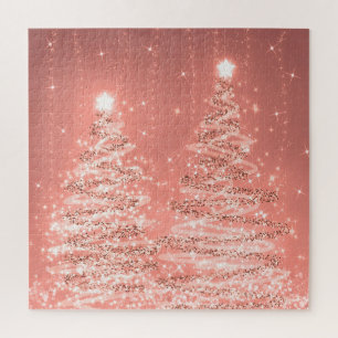 Elegant Christmas Party Sparkling Trees Rose Gold Jigsaw Puzzle