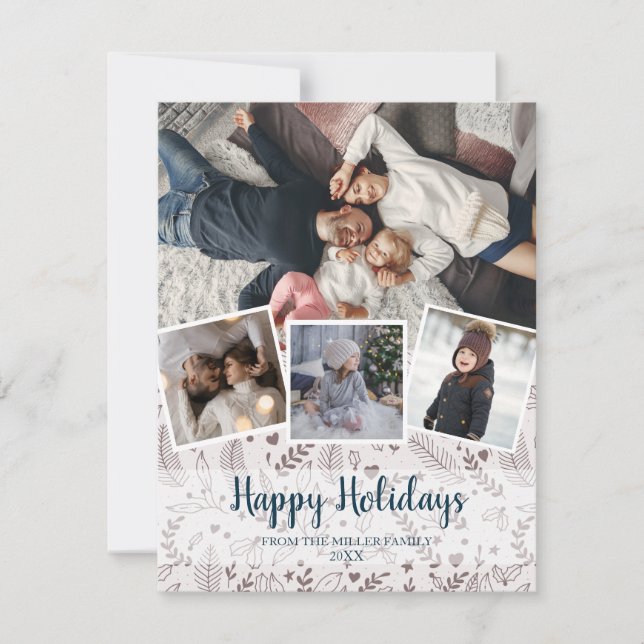 Elegant Christmas pattern multi photo collage Holiday Card (Front)