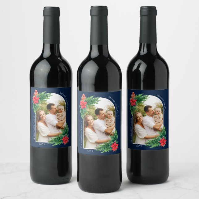 Elegant Christmas Photo Card Winter Greenery Wine Label (Bottles)