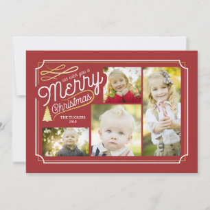 Elegant Christmas Photo Collage in Red and Gold Holiday Card