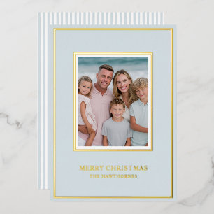 Elegant Christmas Photo Light Dusty Blue Gold Foil Holiday Card
