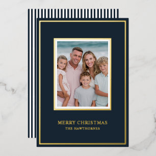 Elegant Christmas Photo Simple Dark Navy Gold Foil Holiday Card