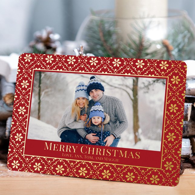 Elegant Christmas Photo Snowflake Real Gold Foil Holiday Card (Merry Christmas red and gold foil photo card. )
