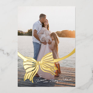 Elegant Christmas Photo Tied With Gold Bow Foil Holiday Card