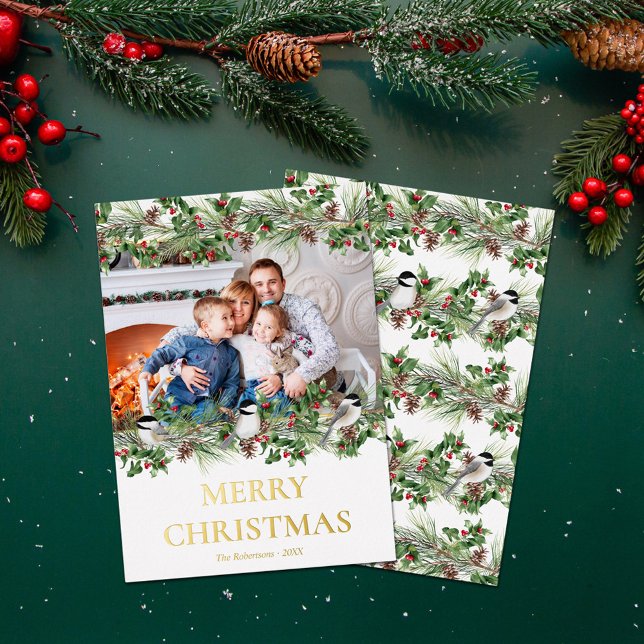 Elegant Christmas Photo Watercolor Greenery Gold Foil Holiday Card (Creator Uploaded)
