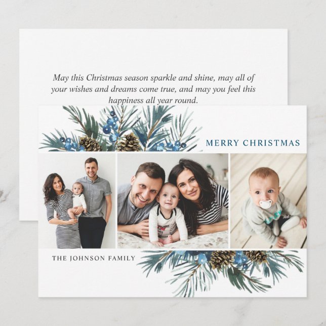 Elegant Christmas Pine Cones 3 Photo Greeting Holiday Card (Front/Back)