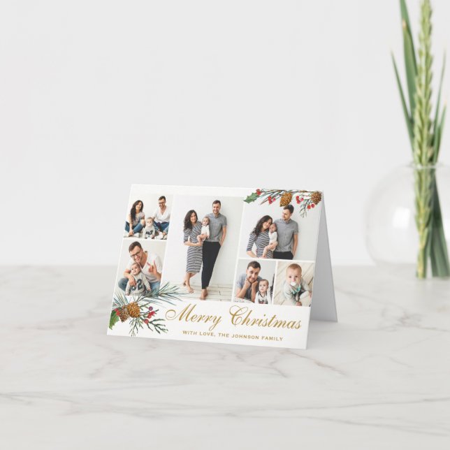Elegant Christmas Pine Cones 6 Photo Greeting Holiday Card (Front)
