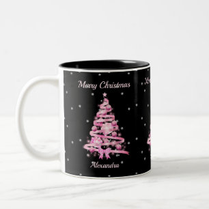 Elegant Christmas Pink Tree Custom Name Black Two-Tone Coffee Mug