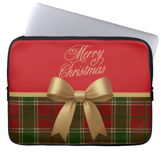 Elegant Christmas Plaid Collection with Gold Bow Laptop Sleeve (Front)