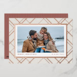 Elegant Christmas plaid rose gold one photo family Foil Holiday Card<br><div class="desc">Chic and stylish, this one-photo Christmas card is the perfect way to send holiday greetings to friends and family. Featuring a holiday plaid in rose gold foil against a vanilla background that frames a horizontal photo, this card also has two text spots can be customized with your own greeting like...</div>