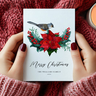Elegant Christmas Poinsettia Bird Non-Photo Holiday Card