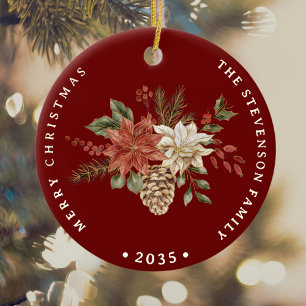Elegant Christmas Poinsettia Dark Red Ceramic Ornament
