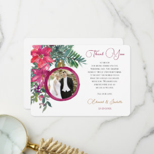 Elegant Christmas Poinsettia Floral Wedding Photo Thank You Card