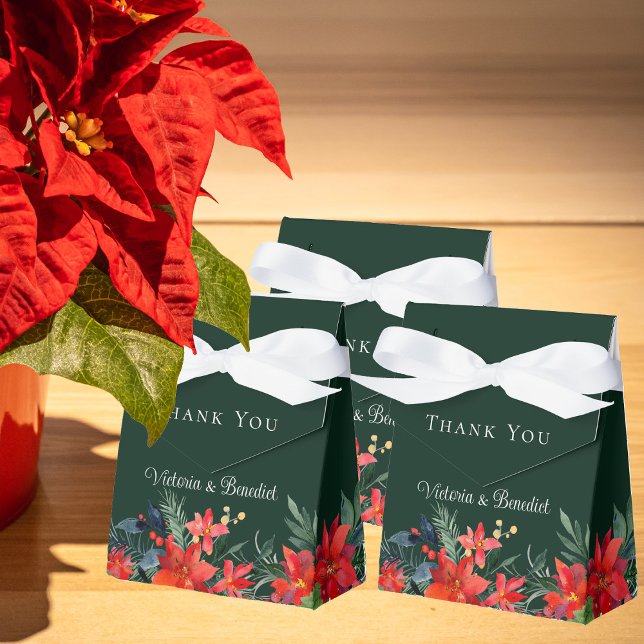 Elegant Christmas Poinsettia Green Floral Wedding Favor Box (Creator Uploaded)