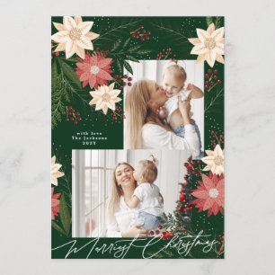 Elegant Christmas Poinsettia Green Photo Holiday Card